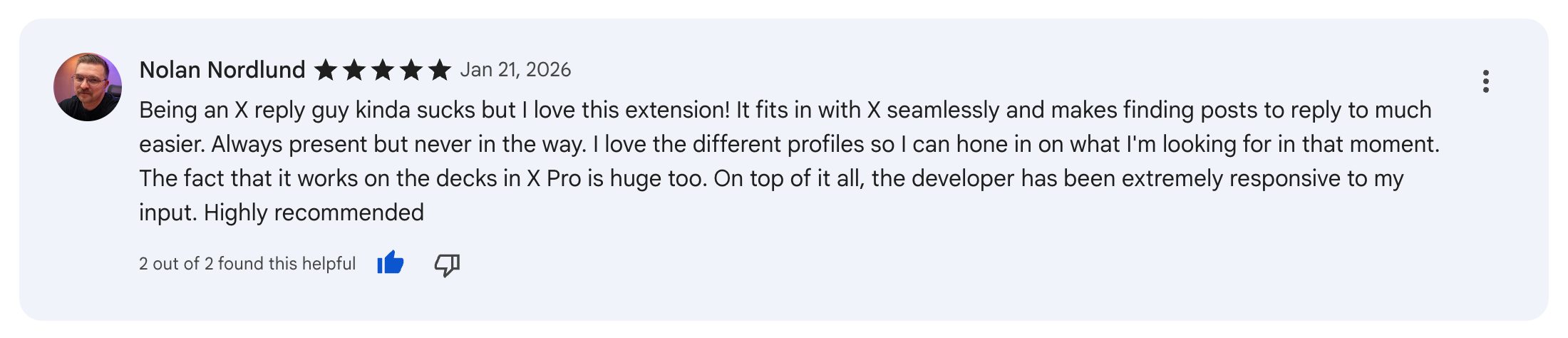 5-star review from Nadeeka Del calling ReplyWisely a game-changer for X engagement