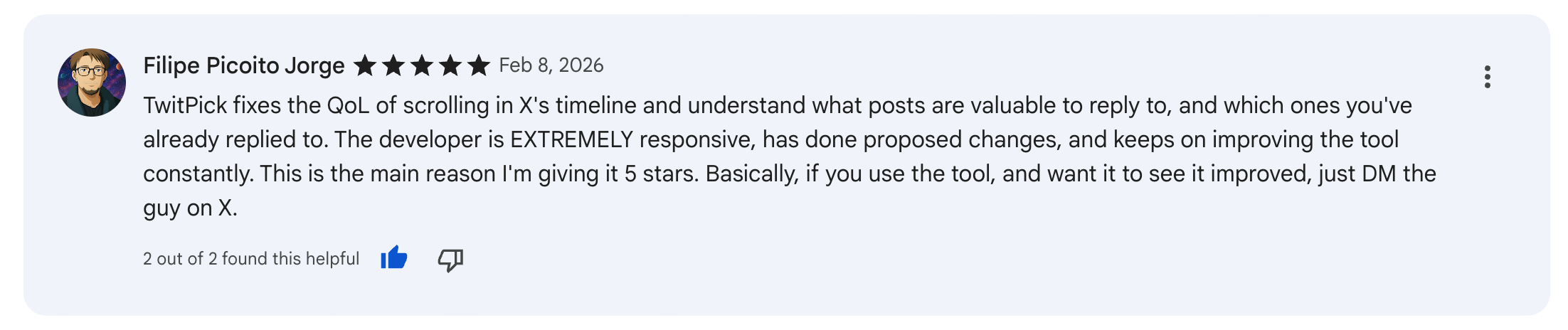 5-star review from Anthony Vautrelle recommending ReplyWisely for finding the right posts and people to engage with