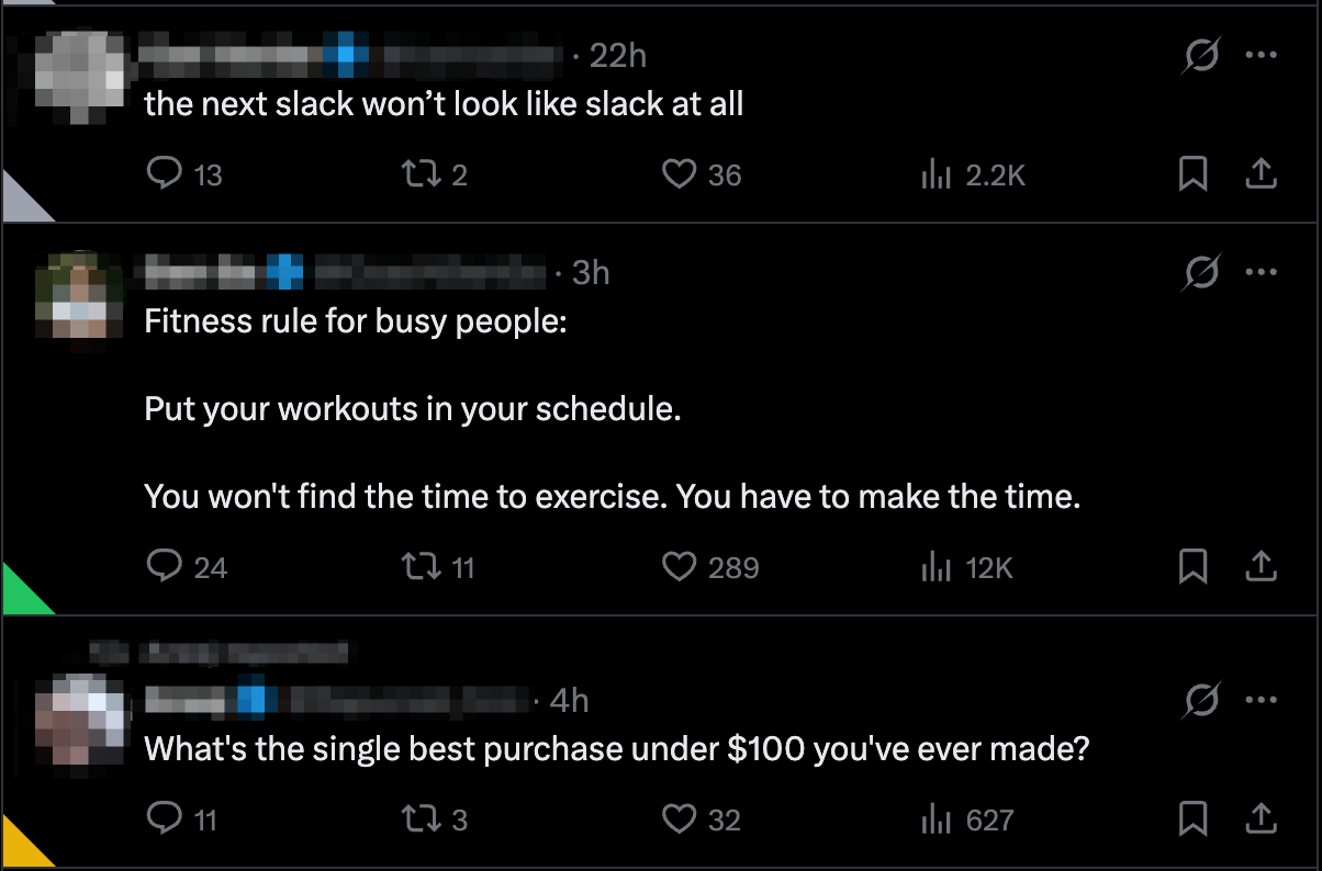 Same X feed with ReplyWisely — colored VPS triangles show each tweet's reply potential