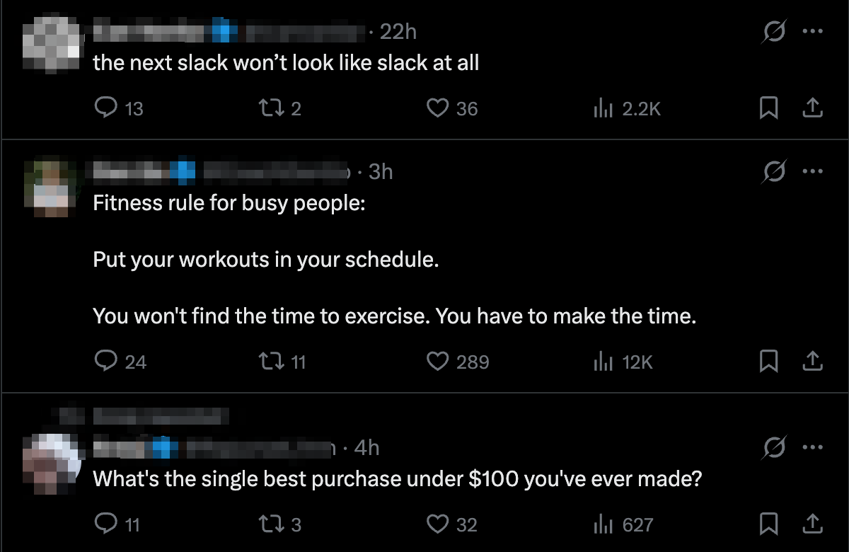 Plain X feed without VPS scoring — every tweet looks the same, no signal on which is worth replying to